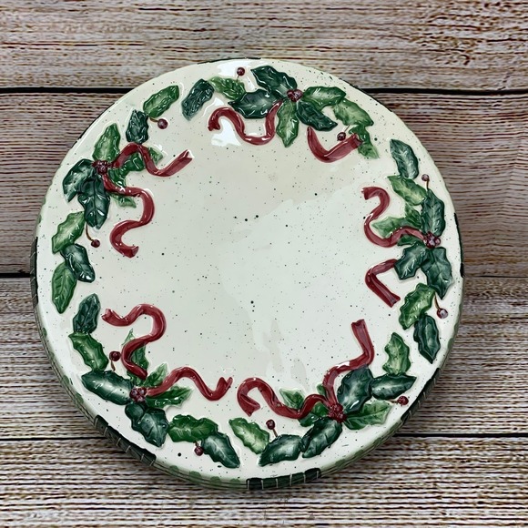 Make the Season Bright Plaid Holly Ribbon Ceramic Cake 12" Stand Pedestal - Picture 1 of 8